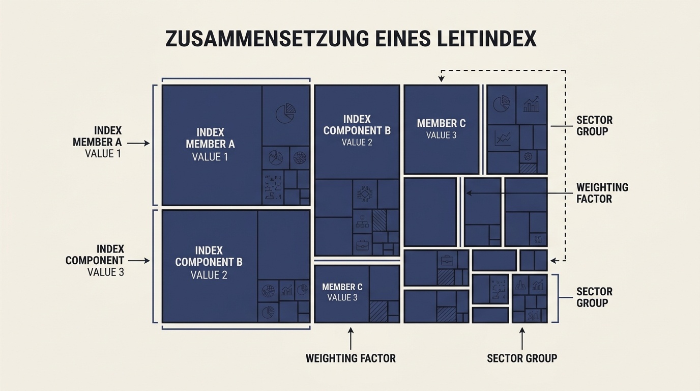 Schematische Darstellung von DAX Aktien und ihrer Gewichtung innerhalb des Leitindex.