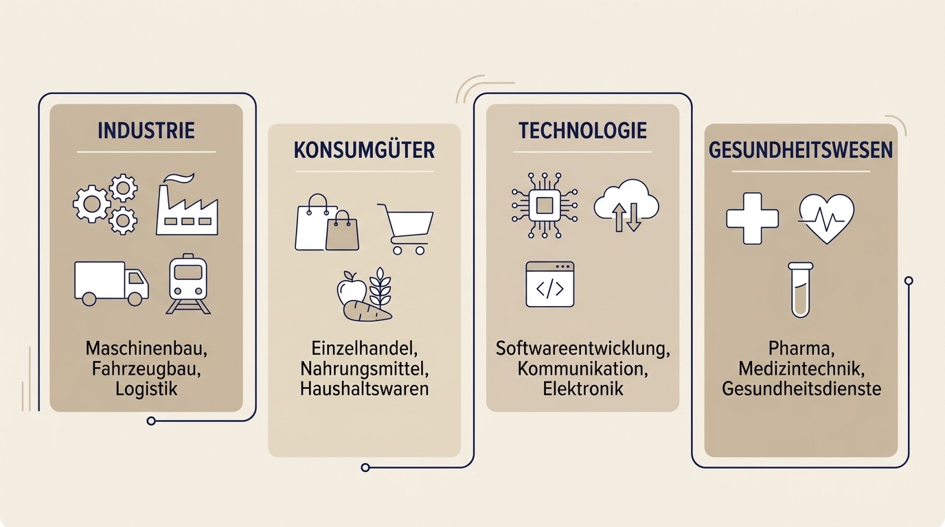 Übersicht verschiedener Branchen und deutscher Unternehmen als Orientierung.